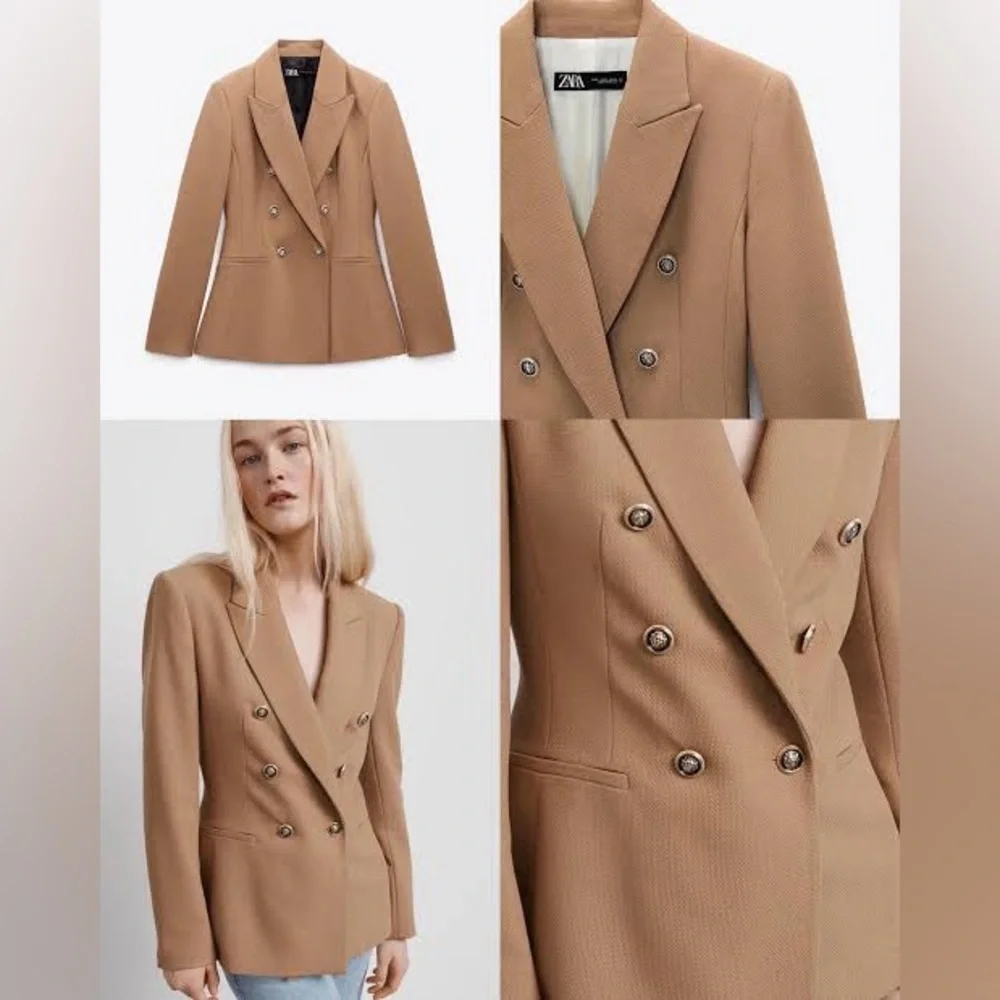 NEW WOMAN DOUBLE-BREASTED PIQUÉ BLAZER TAILORED JACKET CAMEL  XS